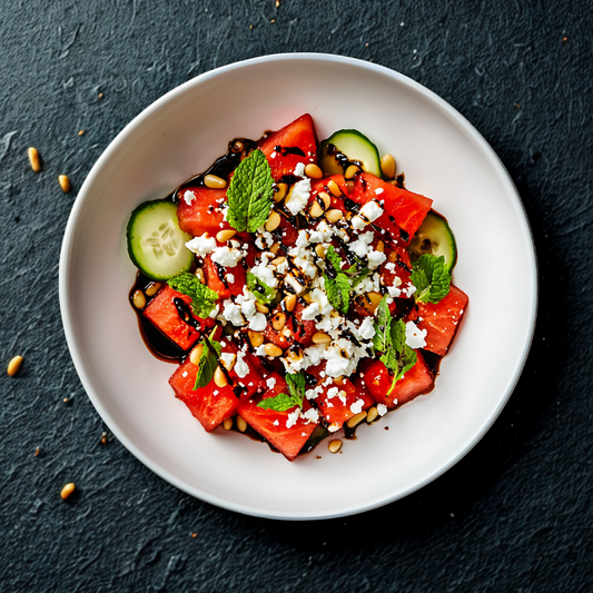 Wassermelonen-Gurken-Feta-Salat mit Pinienkernen und Honig-Balsamico-Dressing
